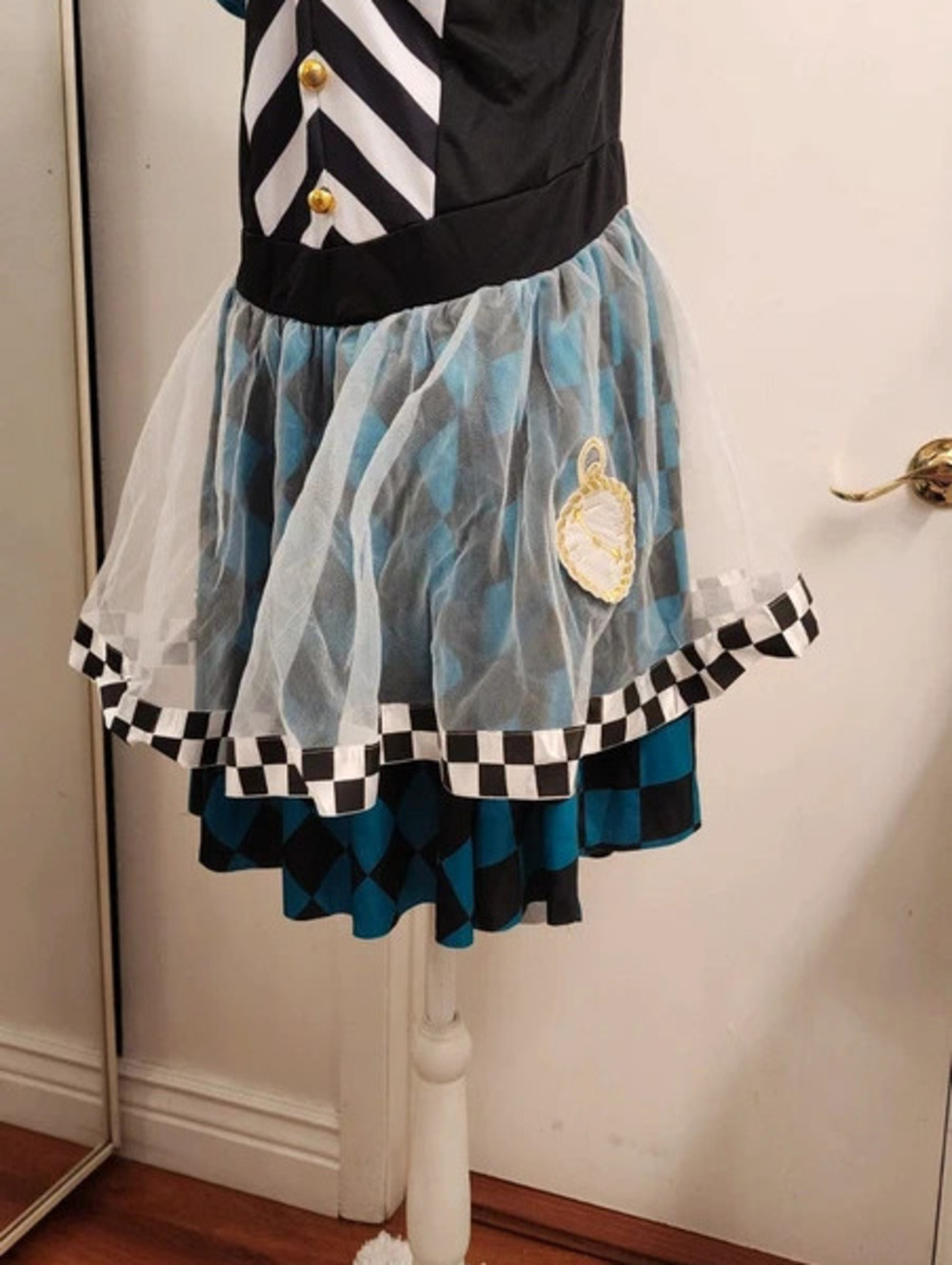 ADULT XL Costume mad tea party checkerboard dress with mini hat & tulle trim - Picture 6 of 10